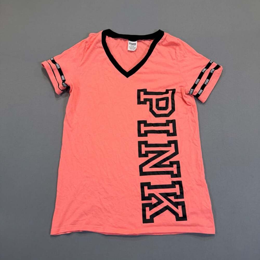 PINK Victoria's Secret T-Shirt Size M Neon Coral V-Neck Logo Tee
